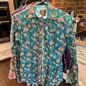 Women's Paisley Button Down Shirt - Teal and Orange
